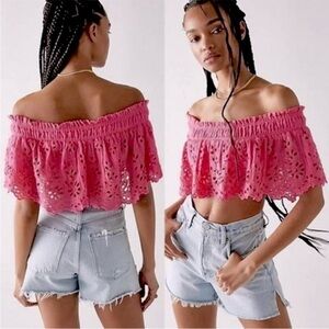 Free People One Perla Eyelet Lace Off-shoulder Bright Hot Pink Crop Top NWT